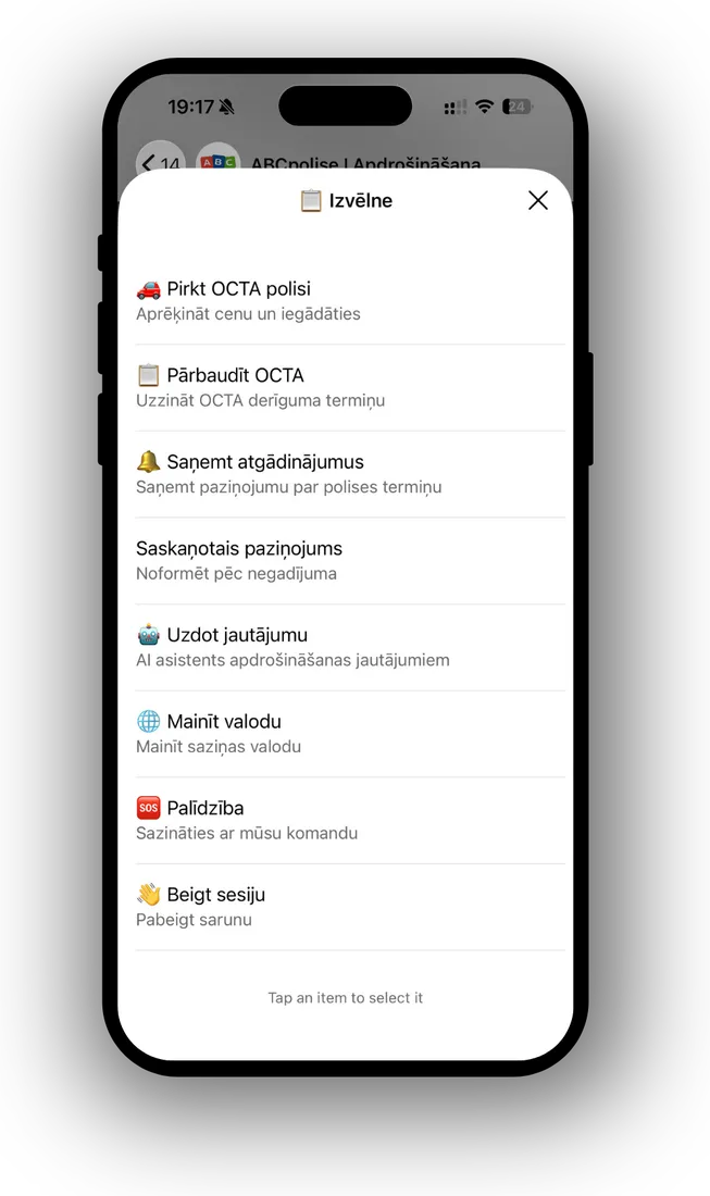 Menu: buy OCTA, check OCTA, reminders, AI assistant